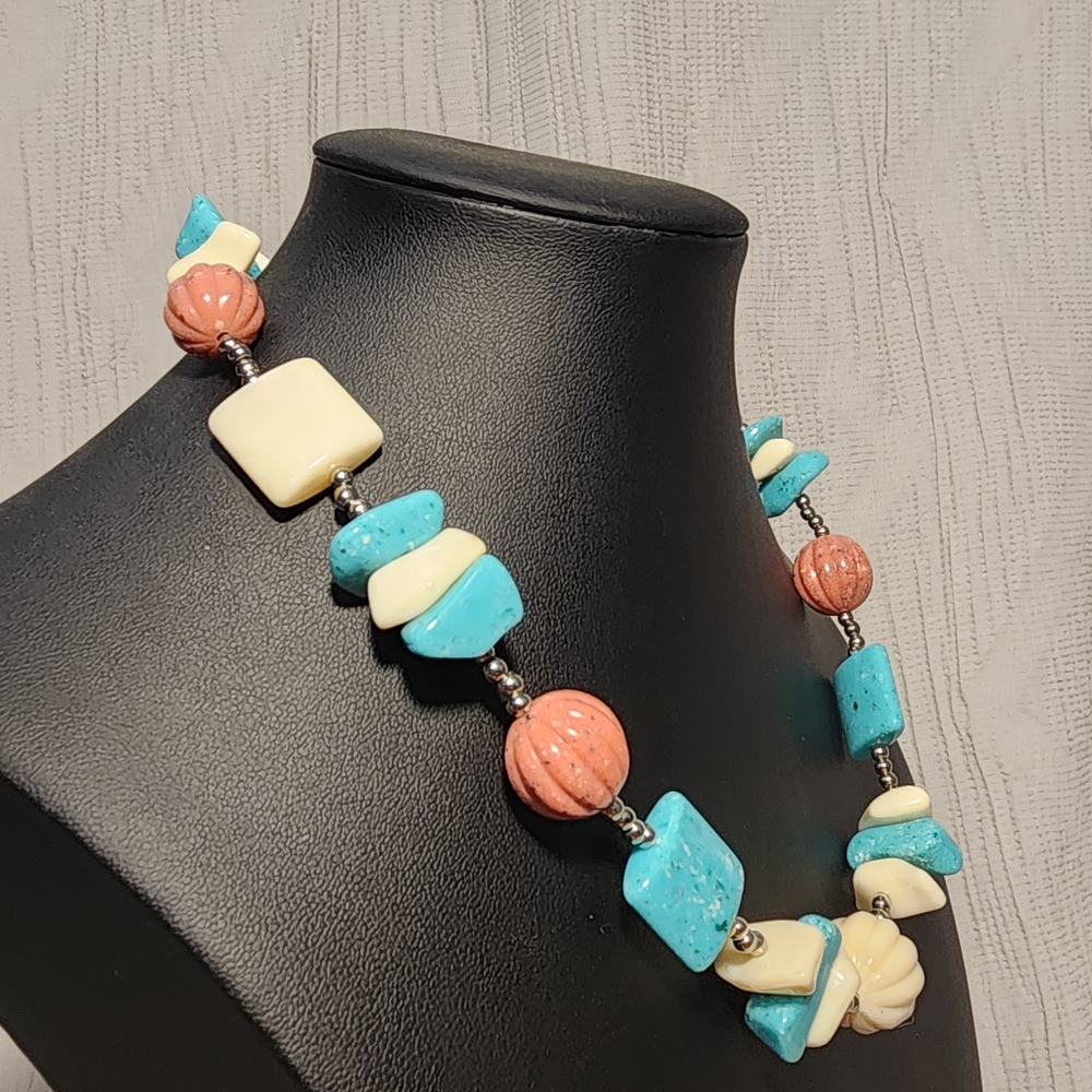 Lucite Bead Necklace Turquoise Coral Cream Acrylic Shell Look 17” Lightweight